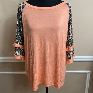 BiBi Peach Top With Animal Print Sleeves Large NWOT